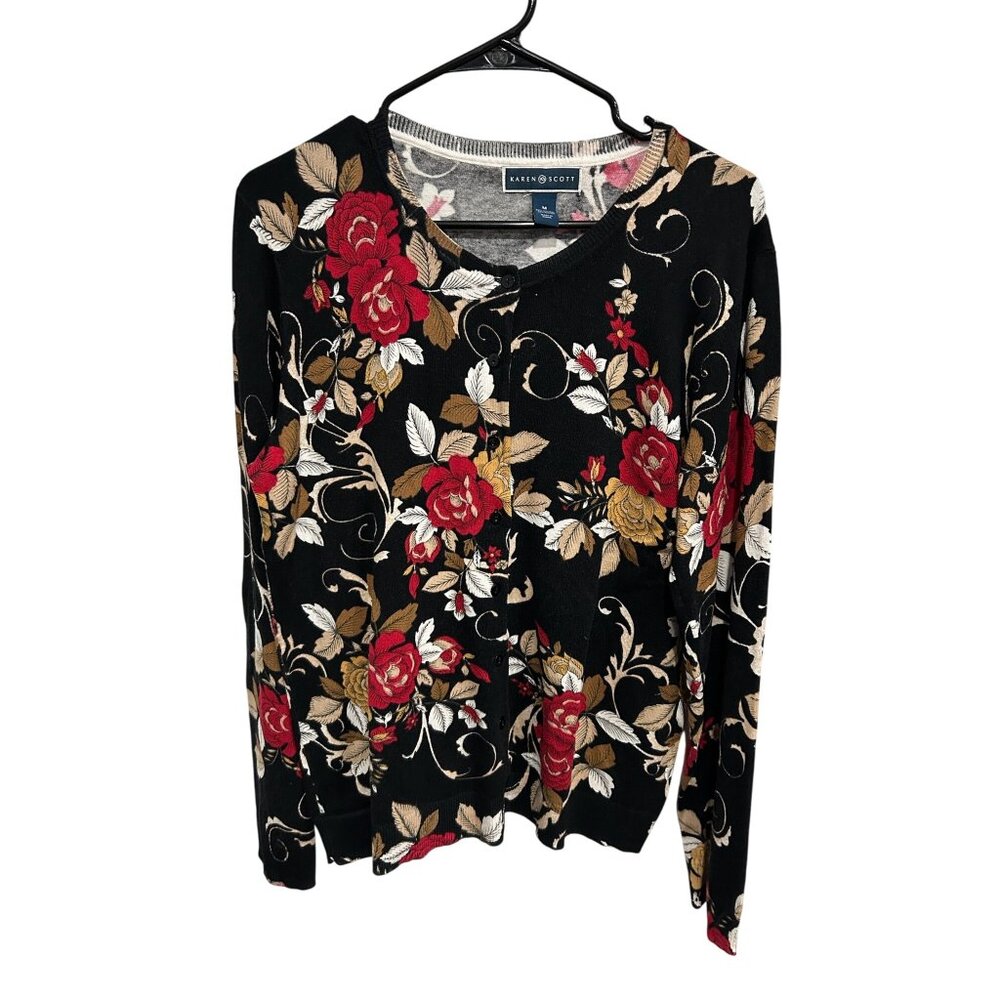 Karen Scott Womens Floral Black Button-Up Cardigan Sweater Size Mediun Chic